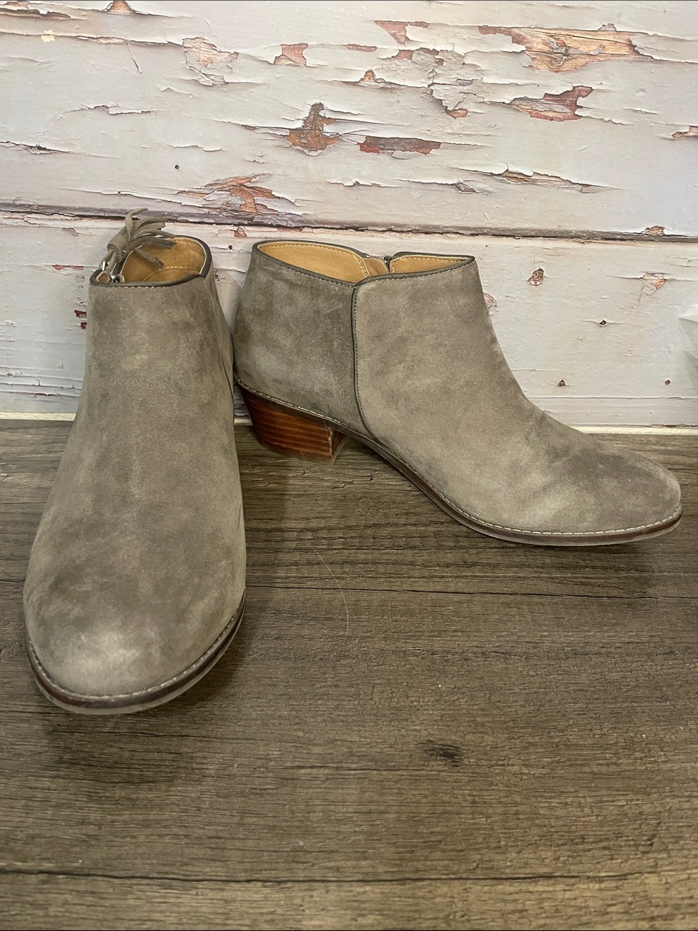 Vionic Taupe Suede Ankle Booties with Low Stacked Heel